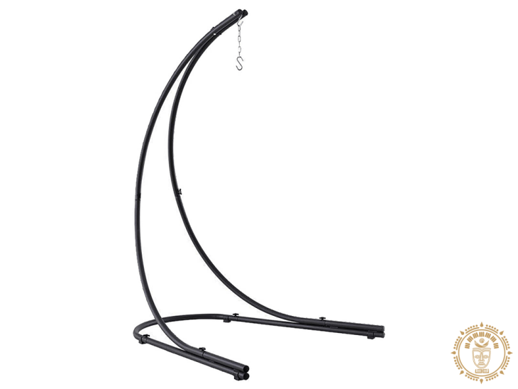 Support hamac chaise en métal de couleur noir, vu de coté avec chaine et crochet
